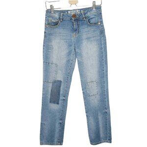 Mossimo Jeans Size 3 Juniors Blue Patched Denim Low Rise Skinny Cotton Blend